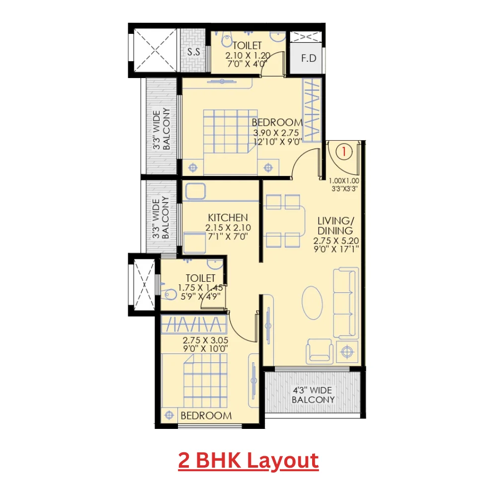 2 bhk floor plan ayaana